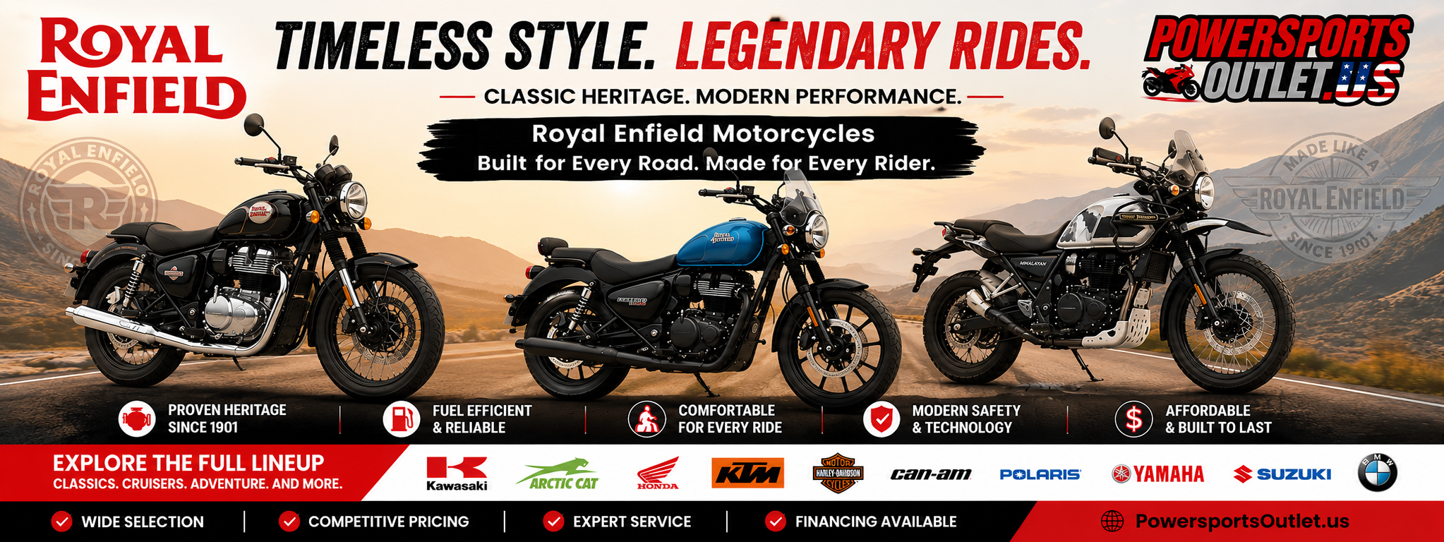 Royal Enfield Motorcycles at PowersportsOutlet.us featuring the Classic, Interceptor 650, and Himalayan motorcycles.